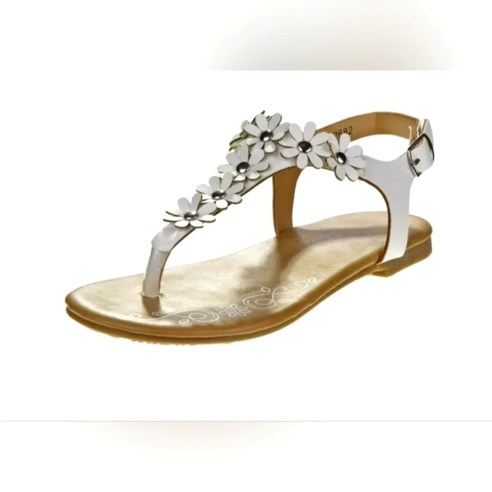 Y•Not? Kid Girls Thong Sandal with Metallic Silver Flower Accents - White 12M